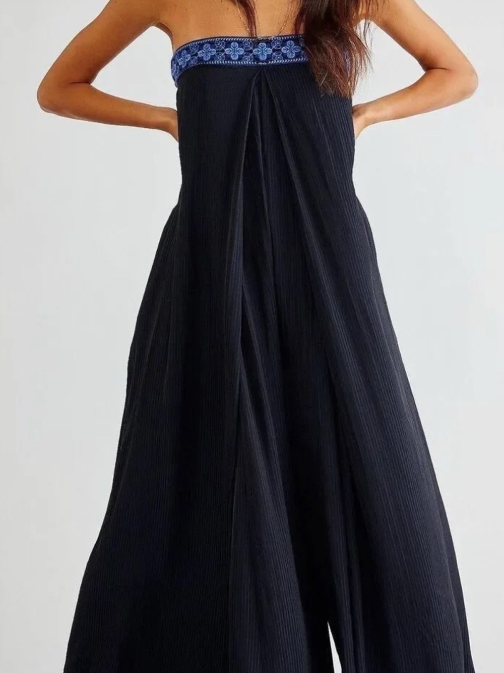Free People Strapless Black and blue strapless jump with Blue Embroidered Trim